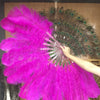 Abanico de plumas de avestruz de una sola capa, color rosa fuerte, completamente abierto 180 ° con bolsa de cuero de viaje.