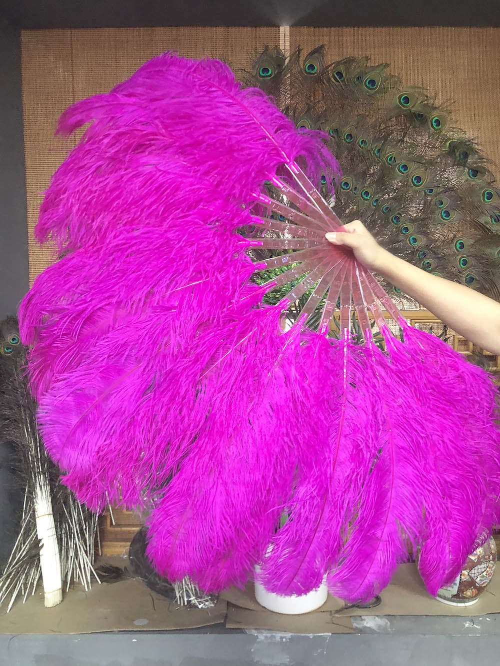 hotfans Burlesque 4 Layers Black Ostrich Feather Fan Opened 67'' with Travel Leather Bag Right Hand Fan