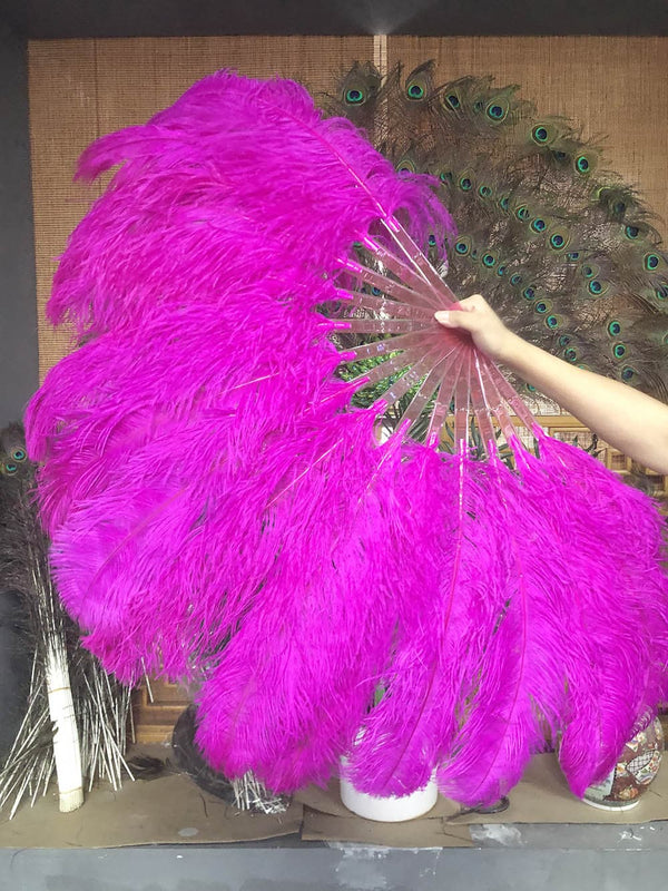 Leque de pena de avestruz de camada única rosa choque totalmente aberto 180 ° com bolsa de couro de viagem.