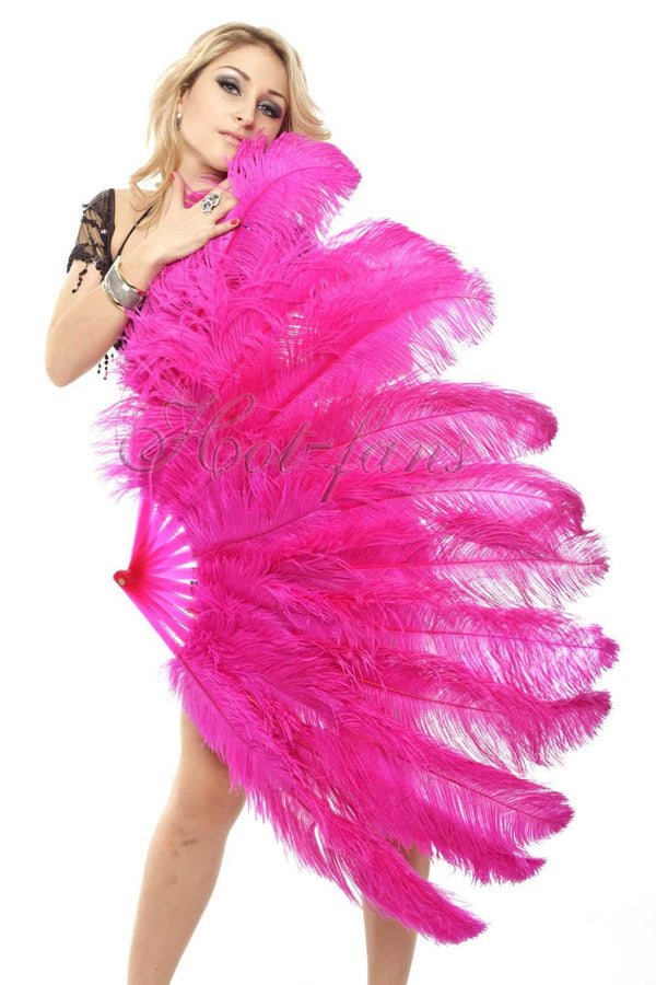 Abanico de plumas de avestruz rosa fuerte de 2 capas de 30&quot;x 54&quot; con bolsa de viaje de cuero.