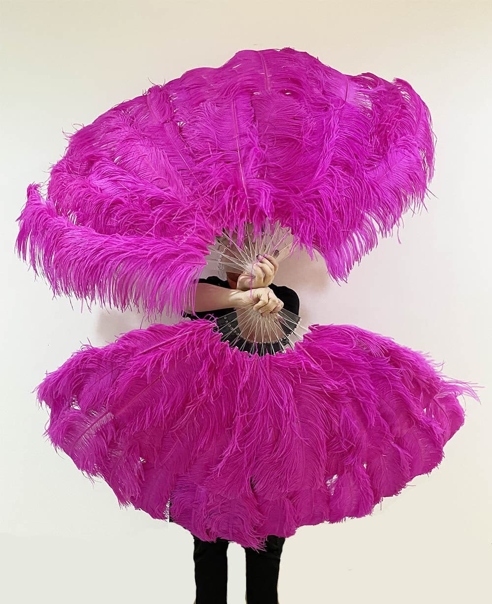 XL 2 Layers hot pink Ostrich Feather Fan 34''x 60'' with Travel leather Bag.