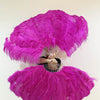 Abanico XL 2 capas de plumas de avestruz rosa fuerte 34''x 60 '' con bolsa de viaje de cuero.