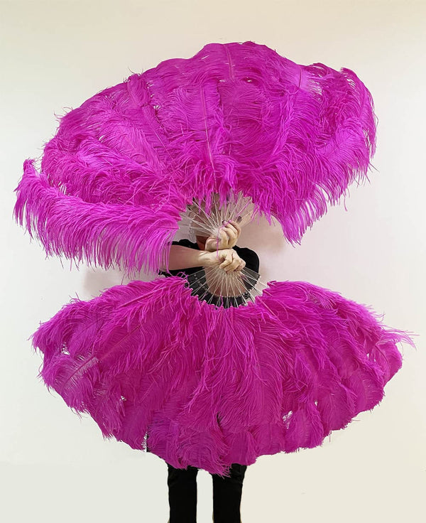 Abanico XL 2 capas de plumas de avestruz rosa fuerte 34''x 60 '' con bolsa de viaje de cuero.