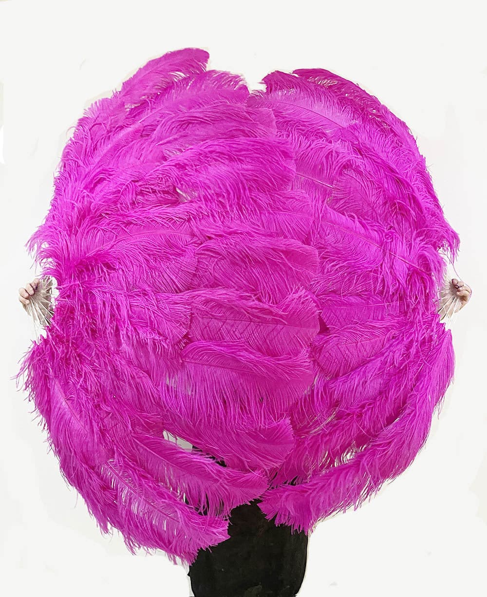 hotfans XL 2 Layers Pink Ostrich Feather Fan 34''x 60'' with Travel Leather Bag for A Pair / Matching Color Staves