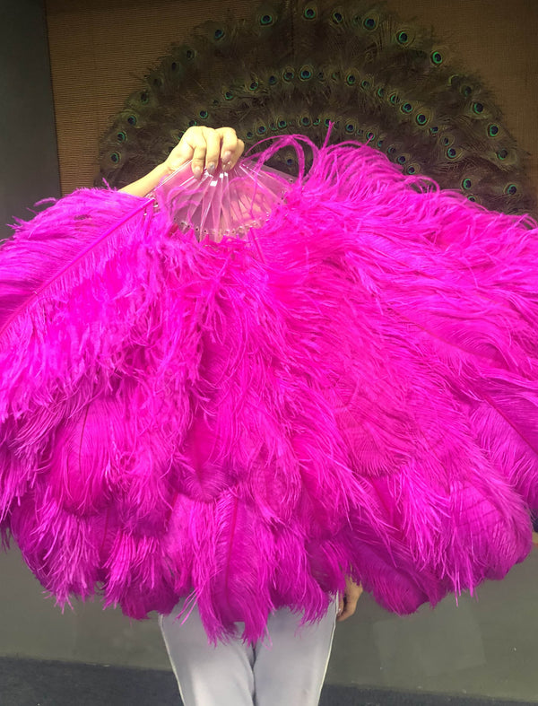 Abanico de plumas de avestruz de 3 capas rosa fuerte abierto 65