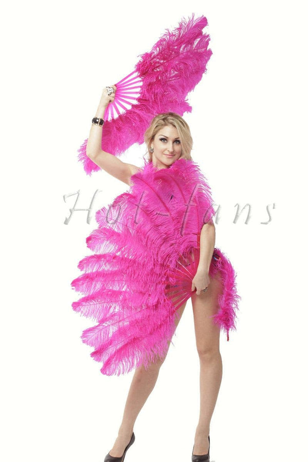 Abanico de plumas de avestruz de una sola capa rosa fuerte con bolsa de viaje de cuero 25