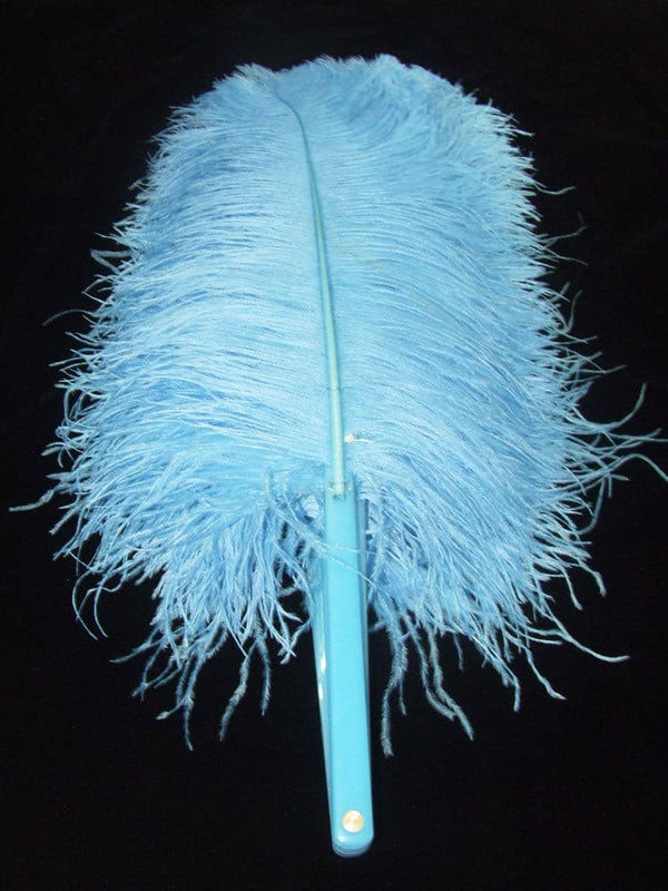 Abanico de Plumas de Avestruz monocapa azul cielo con bolsa de viaje en piel 25