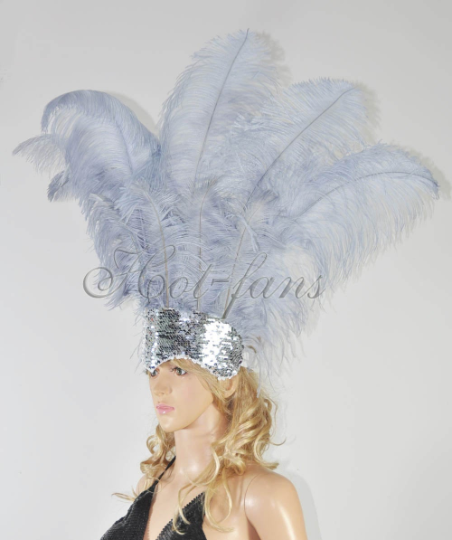 light Grey Showgirl Open Face Ostrich feather Headdress.