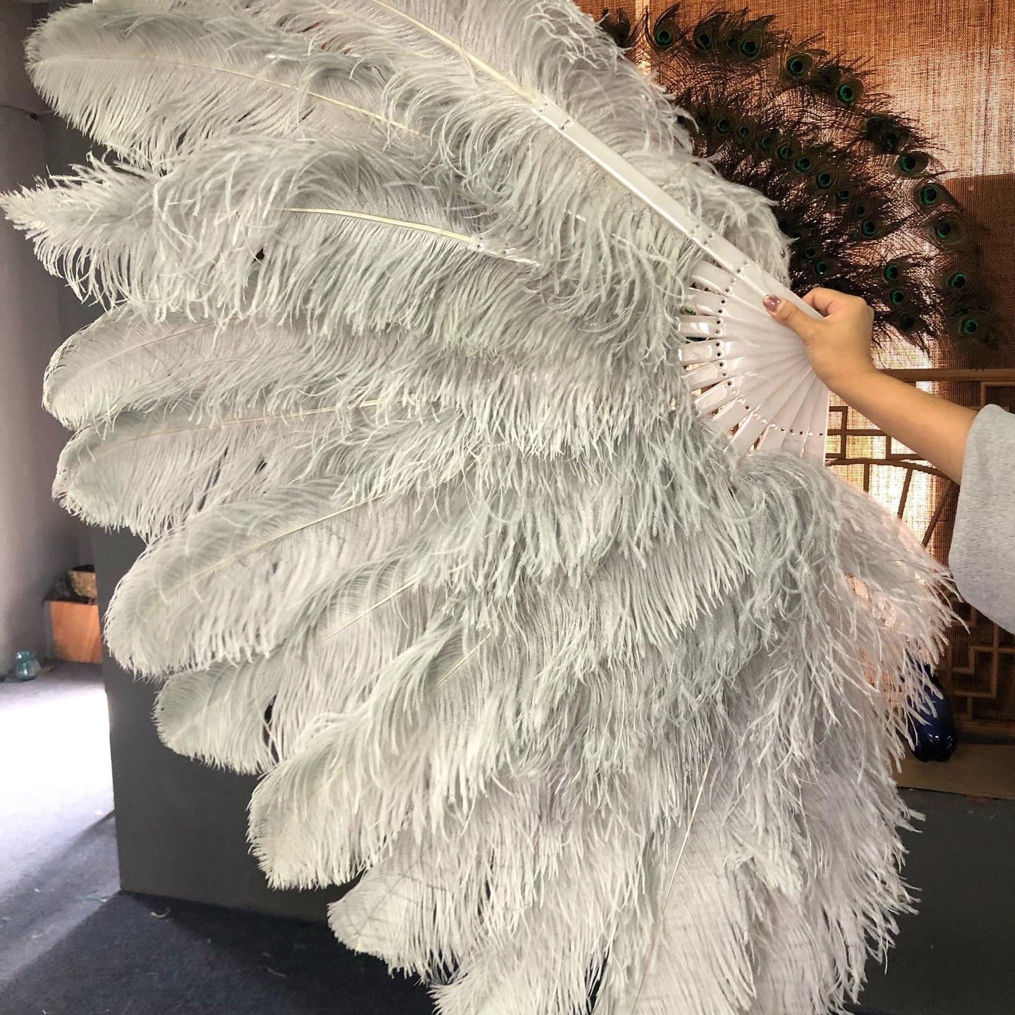hotfans XL 2 Layers White Ostrich Feather Fan 34''x 60'' with Travel Leather Bag Right Hand Fan / Transparent Staves
