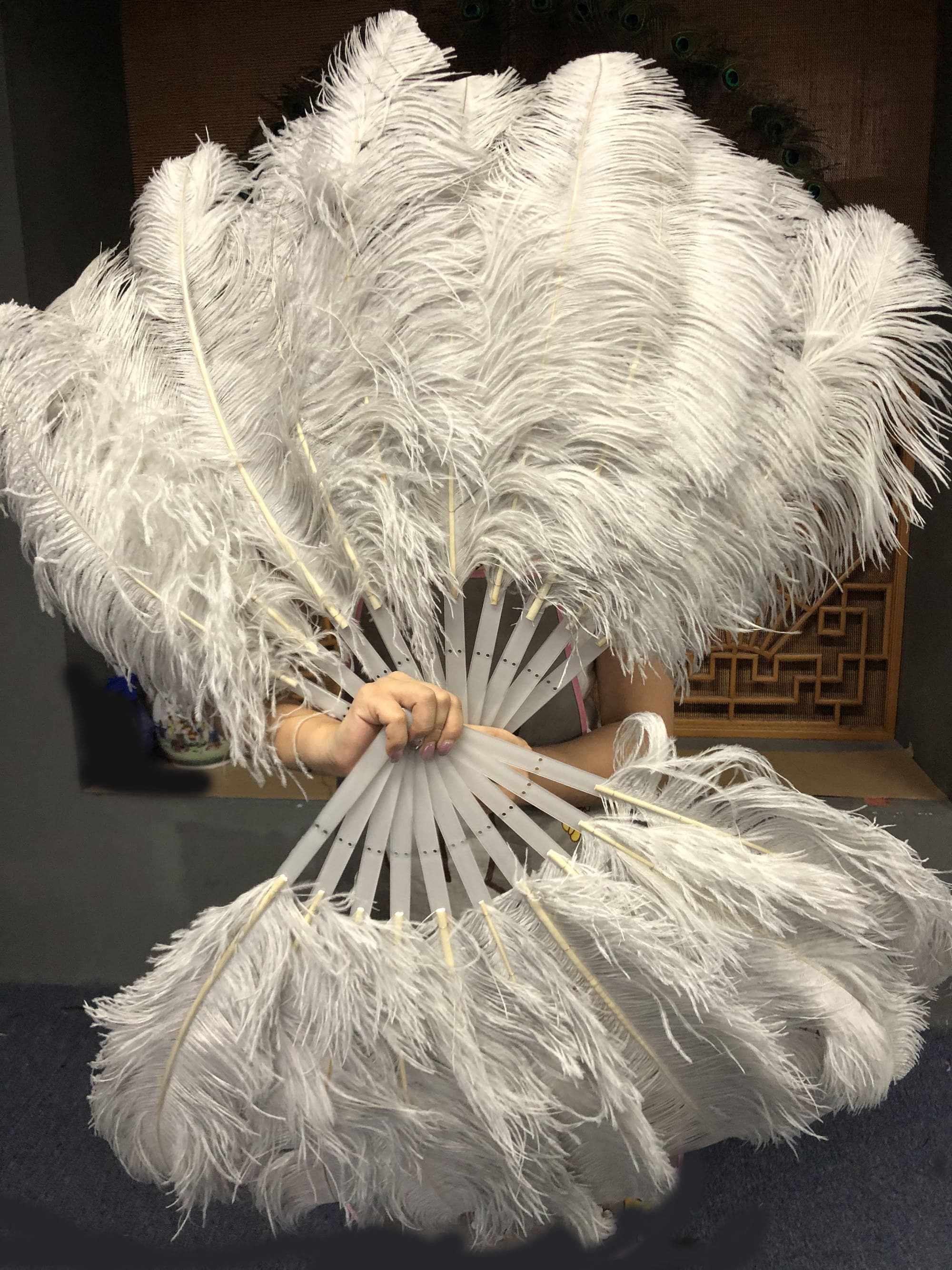 A pair light grey Single layer Ostrich Feather fan 24x 41 with leather  travel Bag