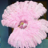 Abanico XL 2 capas de plumas de avestruz rosa 34''x 60 '' con bolsa de viaje de cuero.