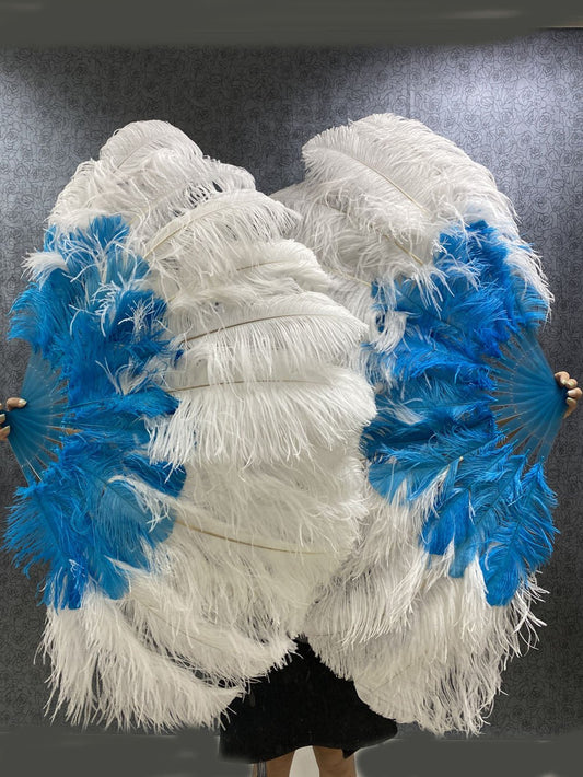 Mix blue & white 2 Layers Ostrich Feather Fan 30''x 54'' with Travel leather Bag.