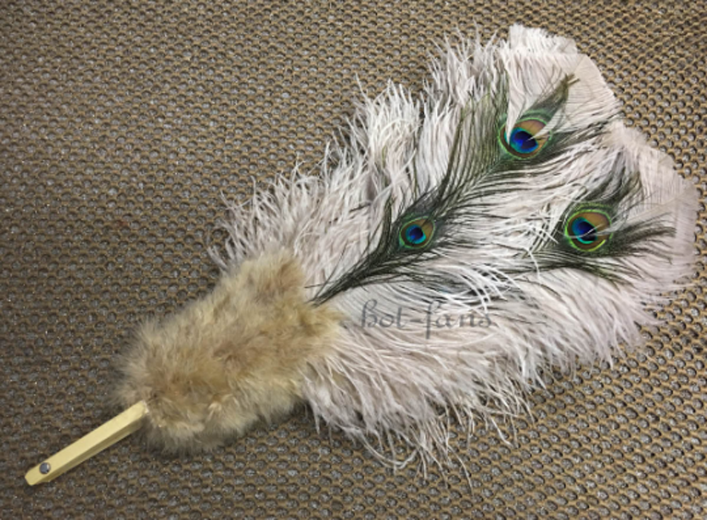 Beige camel Peacock Marabou Ostrich Feathers Fan 27"x 53" With Travel leather Bag.