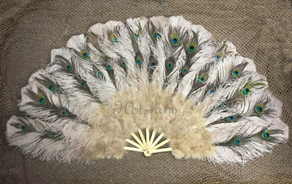 Beige camel Peacock Marabou Ostrich Feathers Fan 27"x 53" With Travel leather Bag.