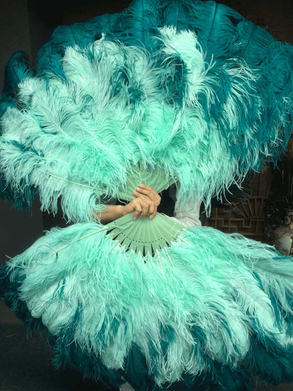 Abanico de plumas de avestruz XL de 2 capas, color verde azulado y menta, de 34 x 60 pulgadas, con bolsa de viaje de cuero.