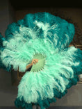 Load image into Gallery viewer, Mix Teal & mint XL 2 Layer Ostrich Feather Fan 34''x 60'' with Travel leather Bag.
