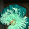Mezcle verde azulado y menta XL Abanico de plumas de avestruz de 2 capas de 34''x 60 '' con bolsa de viaje de cuero.