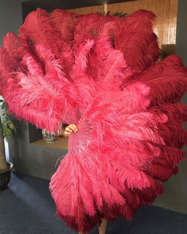 Mix coral red & Burgundy XL 2 Layer Ostrich Feather Fan 34''x 60'' with Travel leather Bag.