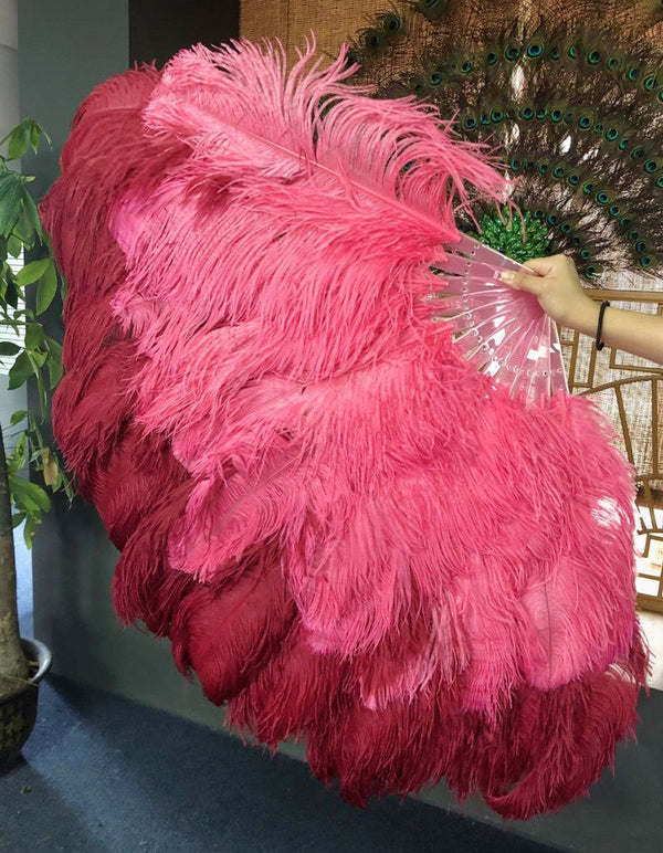 Abanico de plumas de avestruz de 2 capas, color rojo coral y burdeos, XL, de 34 x 60 pulgadas, con bolsa de viaje de cuero.