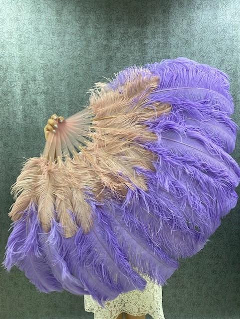 Mix beige wood & aqua violet 2 Layers Ostrich Feather Fan 30''x 54'' with Travel leather Bag.