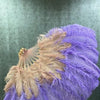 Abanico de plumas de avestruz de 2 capas de madera beige y violeta agua de 30&#39;&#39;x 54&#39;&#39; con bolsa de viaje de cuero.