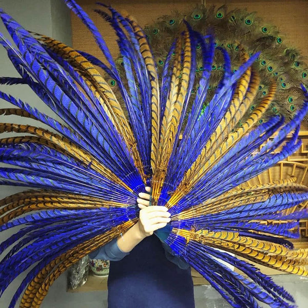 mix ocher & blue Luxury 71" Tall huge Pheasant Feather Fan with Travel leather Bag.
