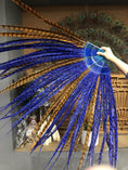 Load image into Gallery viewer, mix ocher & blue Luxury 71" Tall huge Pheasant Feather Fan with Travel leather Bag.
