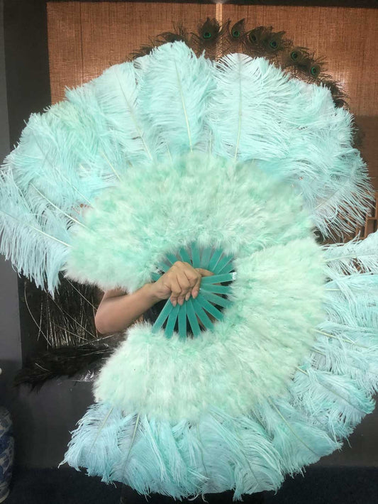 mint green Marabou Ostrich Feather fan 21"x 38" with Travel leather Bag.