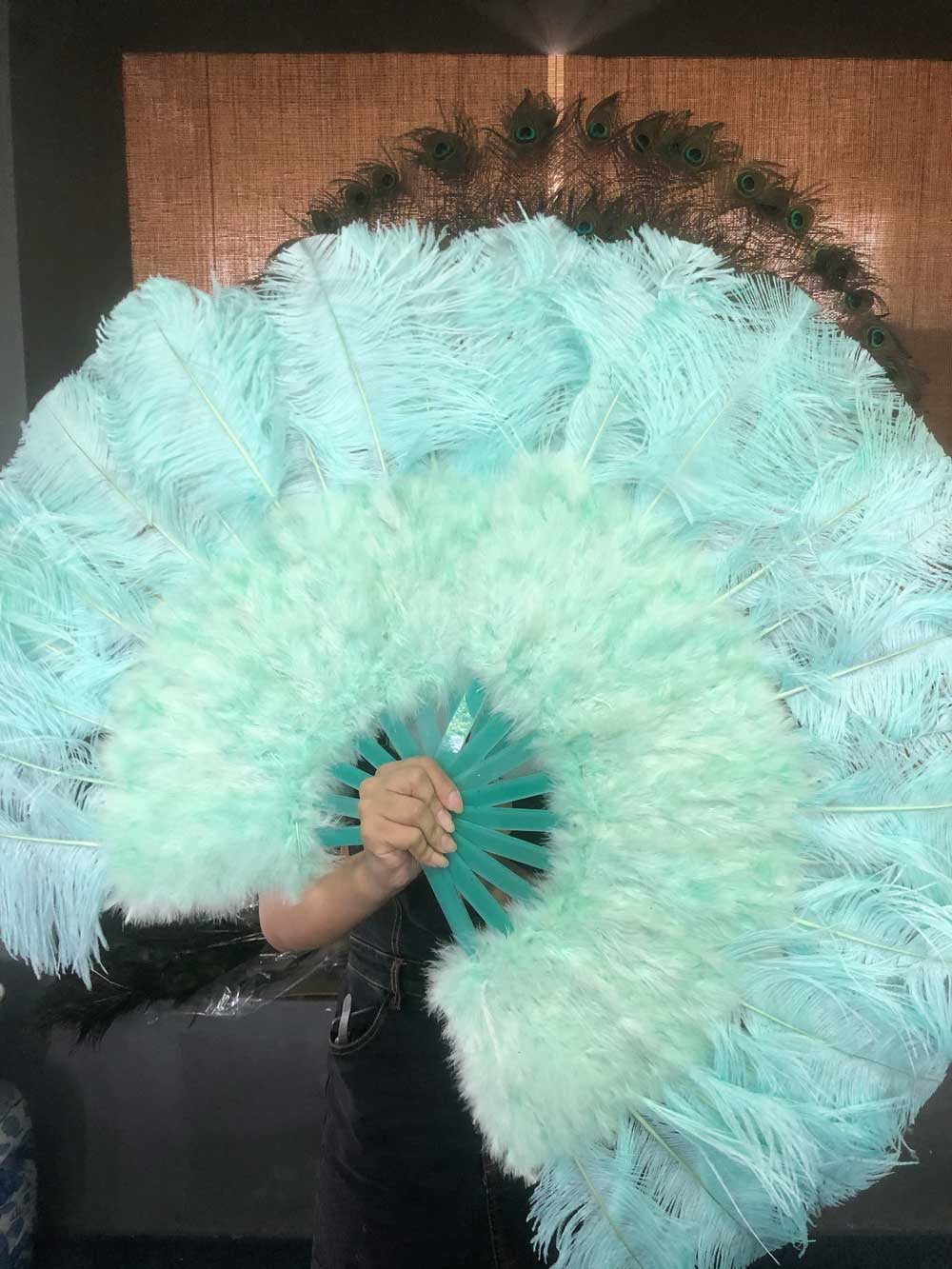 mint green Marabou Ostrich Feather fan 21"x 38" with Travel leather Bag.