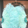 Abanico de plumas de avestruz de marabú verde menta de 21&quot;x 38&quot; con bolsa de viaje de cuero.
