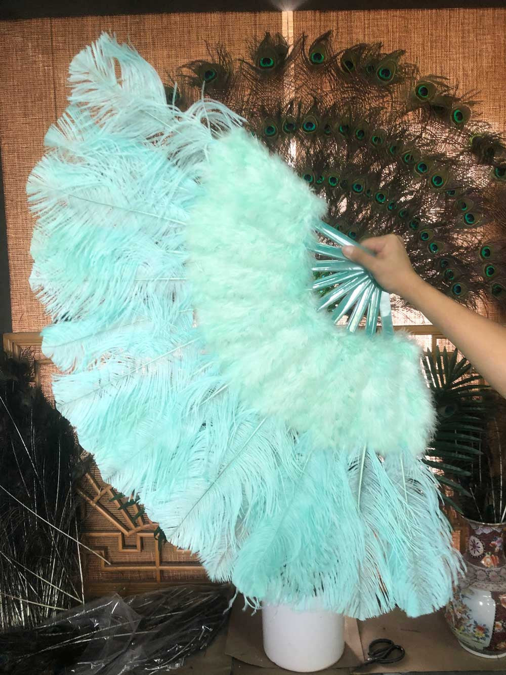 mint green Marabou Ostrich Feather fan 21"x 38" with Travel leather Bag.