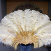 Un par de abanicos personalizados de plumas de avestruz de 3 capas con colores mezclados hacia arriba y hacia abajo, abierto 65&quot; con bolsa de cuero de viaje.
