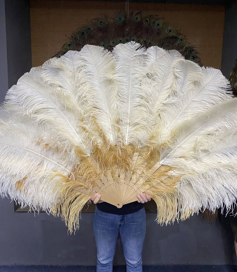 Mix Beige & wheat 3 Layers Ostrich Feather Fan Opened 65" with Travel leather Bag.