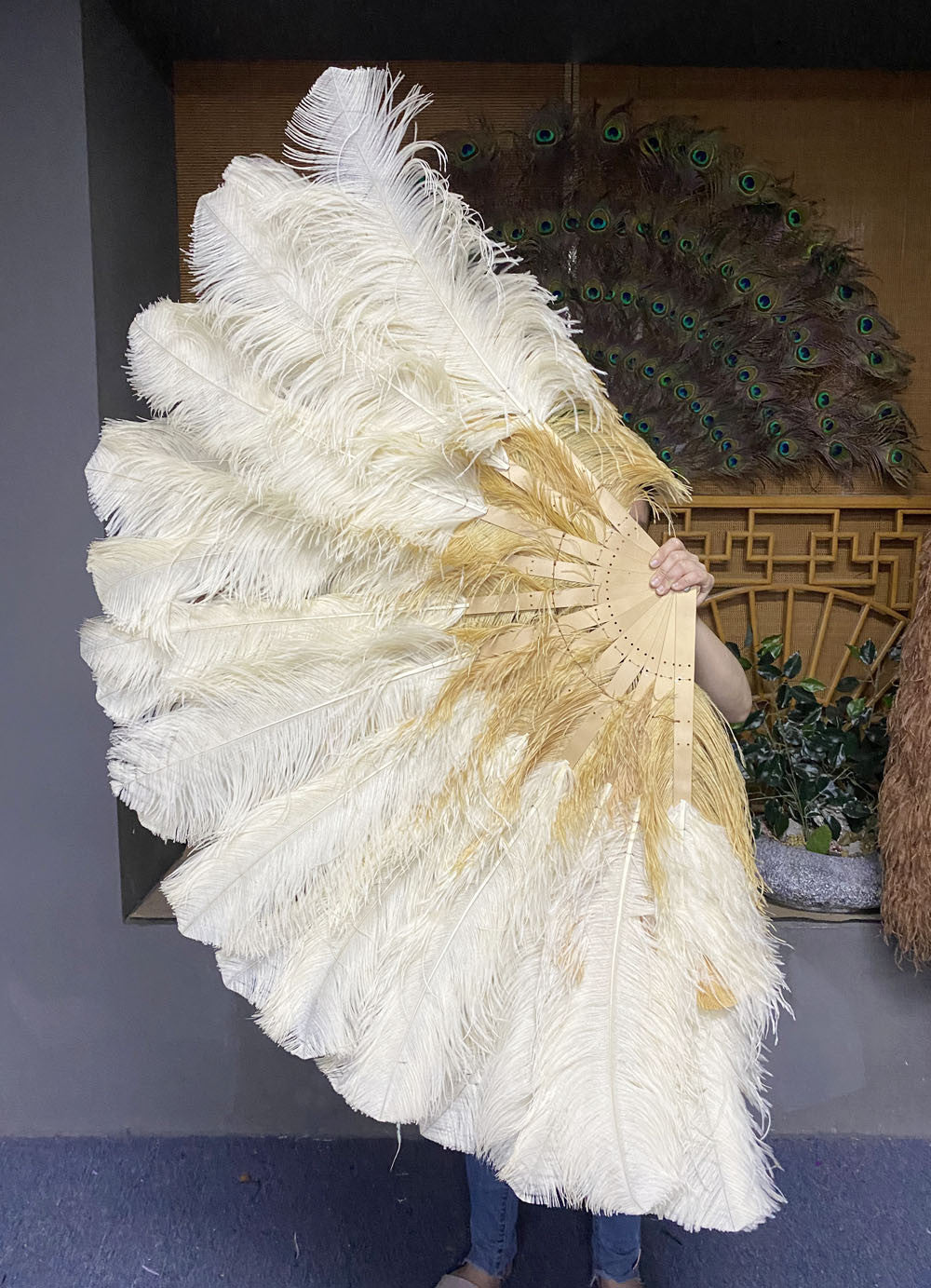 Mix Beige & wheat 3 Layers Ostrich Feather Fan Opened 65" with Travel leather Bag.