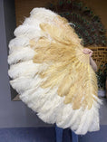 Load image into Gallery viewer, Mix Beige & wheat 3 Layers Ostrich Feather Fan Opened 65" with Travel leather Bag.
