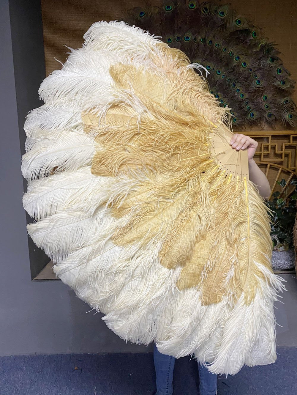 Mix Beige & wheat 3 Layers Ostrich Feather Fan Opened 65" with Travel leather Bag.