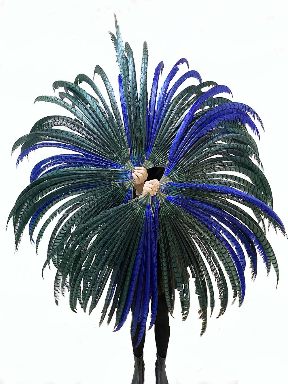 Mix color green & blue huge Tall Pheasant Feather Fan Burlesque Perform Friend.