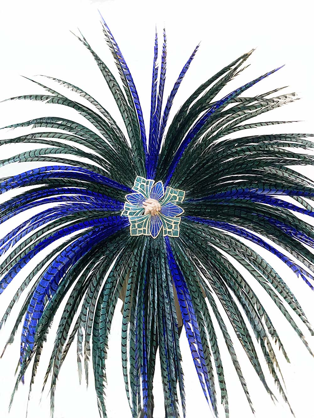 Mix color green & blue huge Tall Pheasant Feather Fan Burlesque Perform Friend.