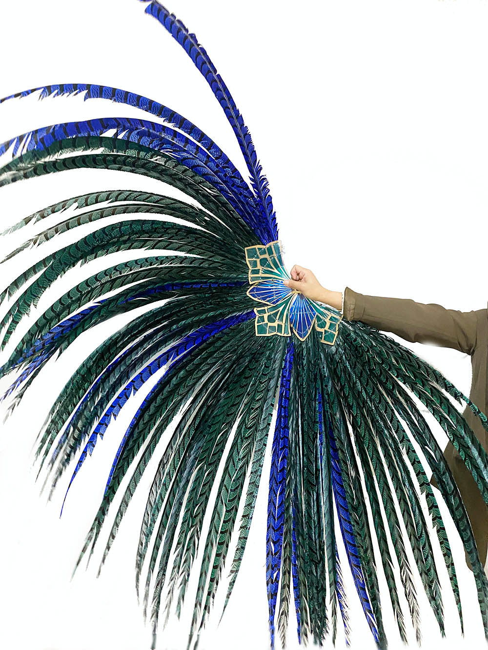 Mix color green & blue huge Tall Pheasant Feather Fan Burlesque Perform Friend.