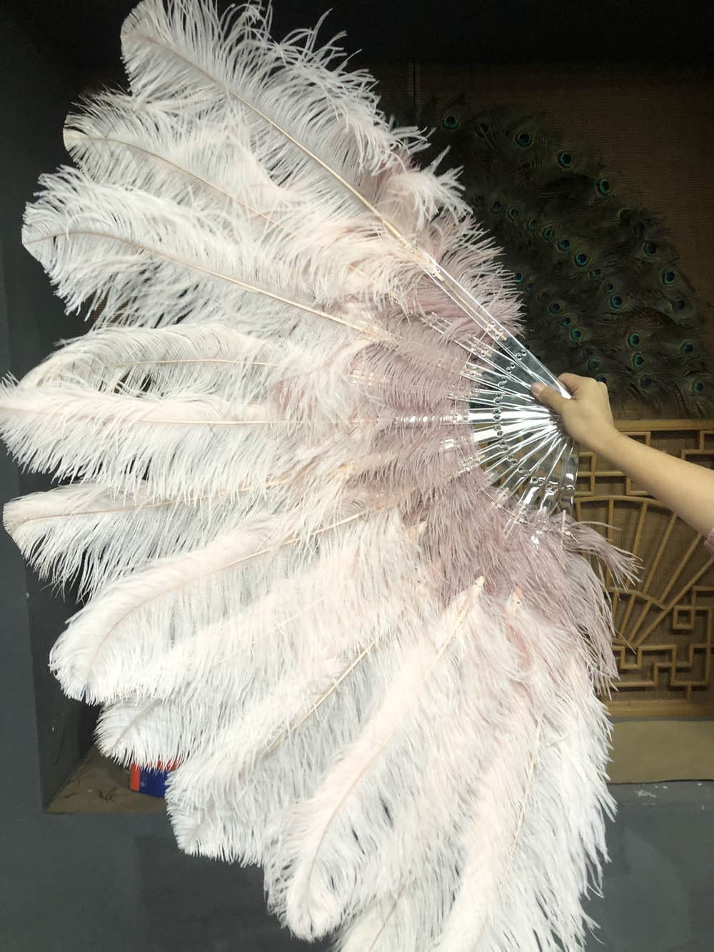 Mix wood & blush XL 2 Layer Ostrich Feather Fan 34''x 60'' with Travel leather Bag.