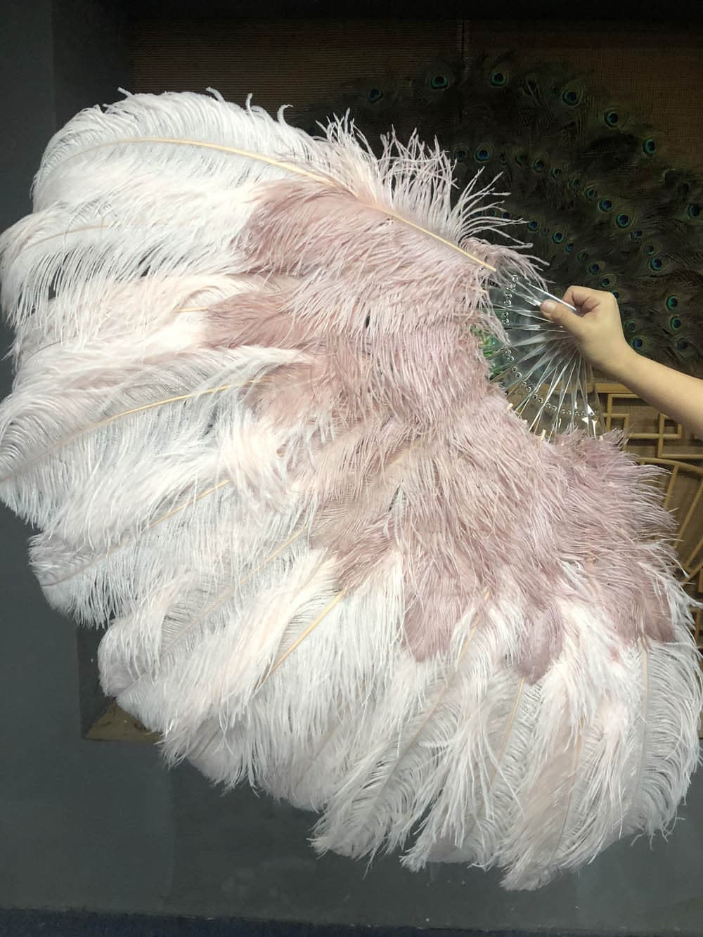 Mix wood & blush XL 2 Layer Ostrich Feather Fan 34''x 60'' with Travel leather Bag.