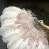 Abanico de plumas de avestruz XL de 2 capas, color madera y rubor, de 34&#39;&#39;x 60&#39;&#39; con bolsa de viaje de cuero.