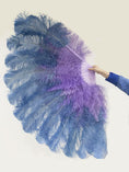 Load image into Gallery viewer, Mix baby blue & aqua violet XL 2 Layer Ostrich Feather Fan 34''x 60'' with Travel leather Bag.
