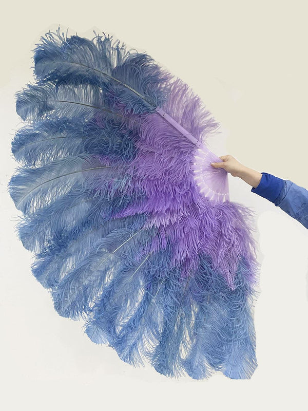 Abanico XL de plumas de avestruz de 2 capas, 34 x 60 cm, color azul celeste y violeta agua, con bolsa de viaje de piel.