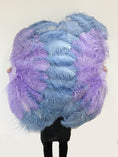 Load image into Gallery viewer, Mix baby blue & aqua violet XL 2 Layer Ostrich Feather Fan 34''x 60'' with Travel leather Bag.
