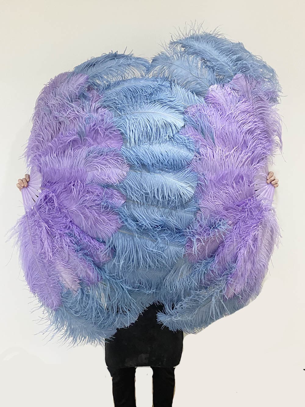 Mix baby blue & aqua violet XL 2 Layer Ostrich Feather Fan 34''x 60'' with Travel leather Bag.