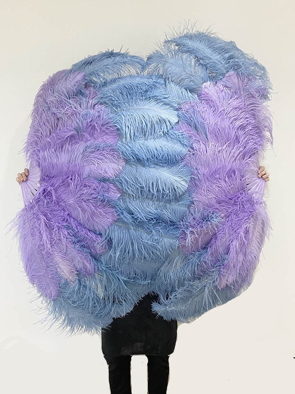 Abanico XL de plumas de avestruz de 2 capas, 34 x 60 cm, color azul celeste y violeta agua, con bolsa de viaje de piel.