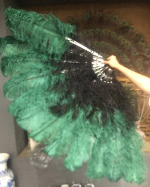 Mezcla negro y verde bosque XL Abanico de plumas de avestruz de 2 capas de 34''x 60 '' con bolsa de viaje de cuero.