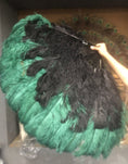 Load image into Gallery viewer, Mix black & forest green XL 2 Layer Ostrich Feather Fan 34''x 60'' with Travel leather Bag.
