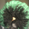 Abanico de plumas de avestruz XL de 2 capas, color negro y verde bosque, de 34&#39;&#39;x 60&#39;&#39; con bolsa de viaje de cuero.